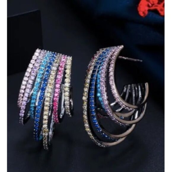 18k Gold Plated Multi-Color Simulated Diamond Zircon Half-Circle Drop Earring - Picture 2 of 6